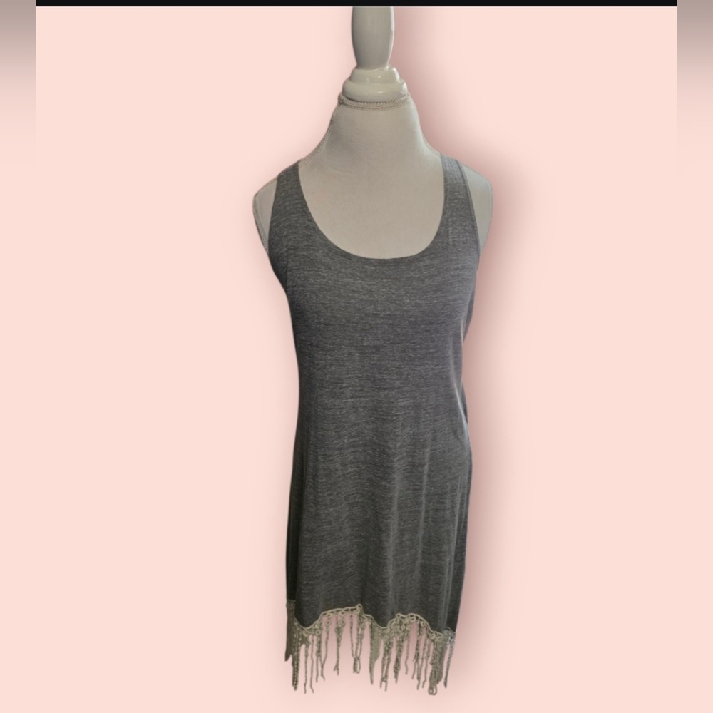 Lucky Brand Gray Tank Cover-up with Fringe Hem Sz M/L